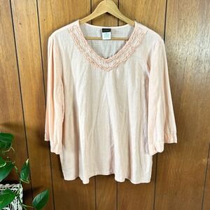 Salon Studio Peach Cotton Gauze Ruffle V-Neck Blouse 3/4 Sleeve Large 3F5
